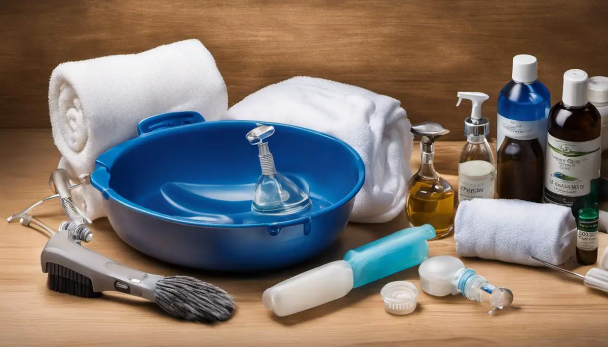 Image depicting the essential tools and components required for a homemade CPAP cleaning solution: mild, unscented soap; distilled water; white vinegar; a basin; soft cloths; a small brush, and a towel.